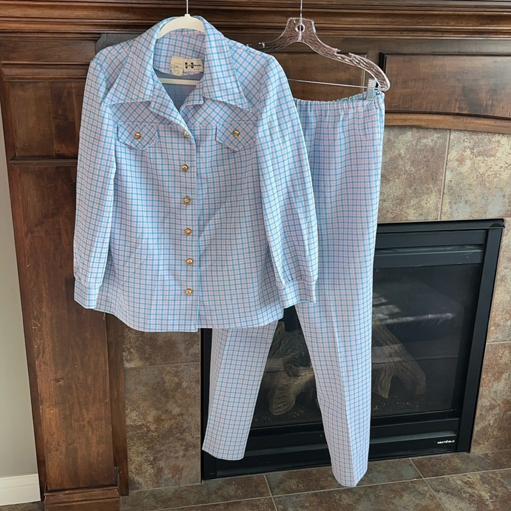 Vintage 60s 70s women leisure jacket pants suit pastel pink blue checked m/l